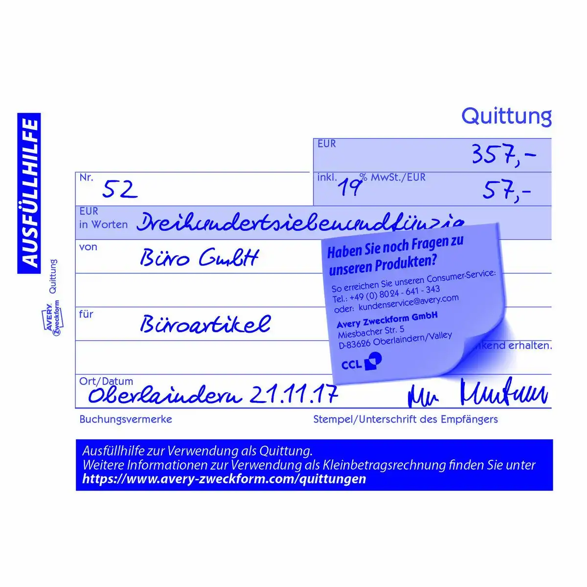 AVERY Zweckform Quittung DIN A6 quer 4 AVERY Zweckform Quittungsblock inklusive MwSt., selbstdurchschreibend im Format DIN A6 quer mit 2 × 40 Blatt