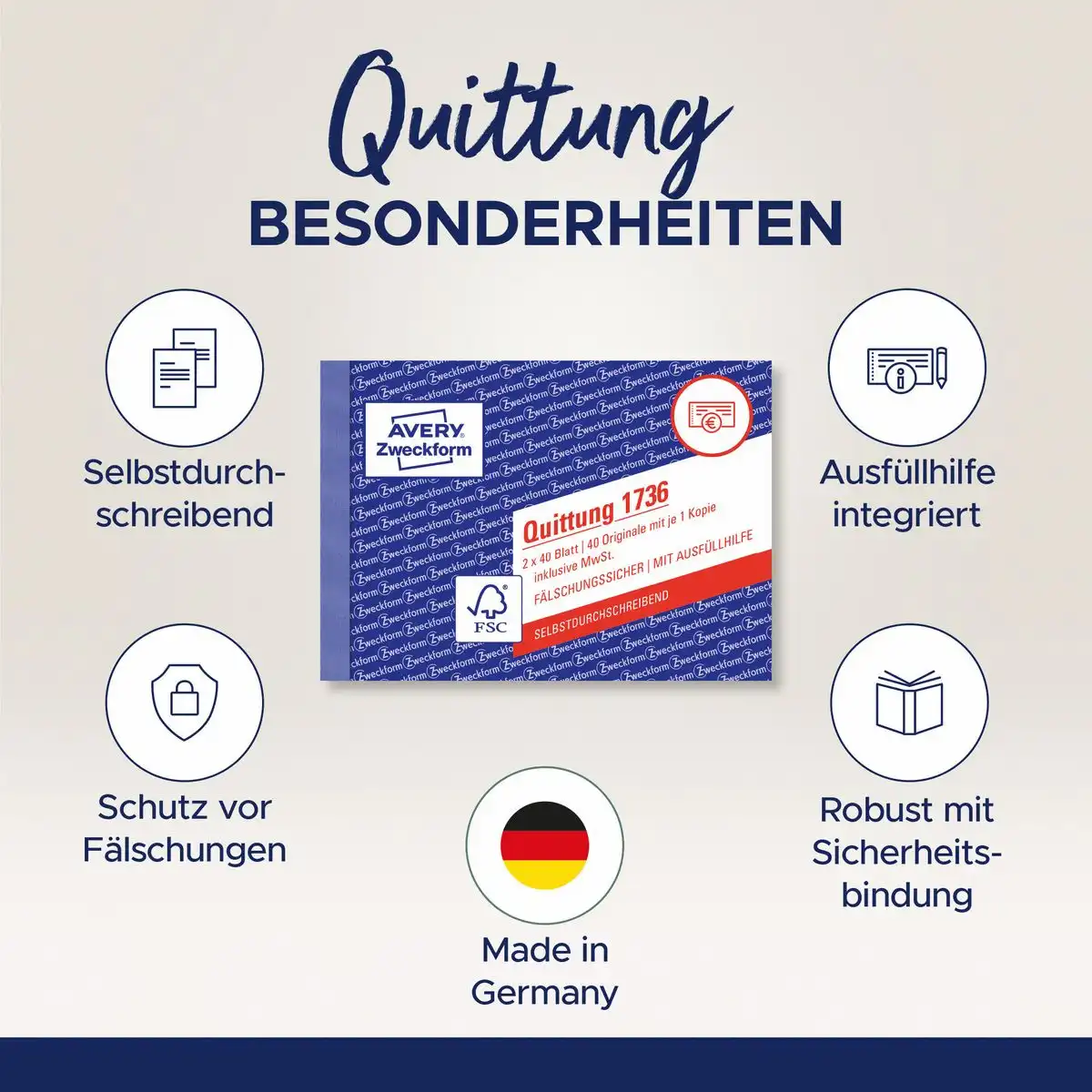 AVERY Zweckform Quittung DIN A6 quer 8 AVERY Zweckform Quittungsblock inklusive MwSt., selbstdurchschreibend im Format DIN A6 quer mit 2 × 40 Blatt
