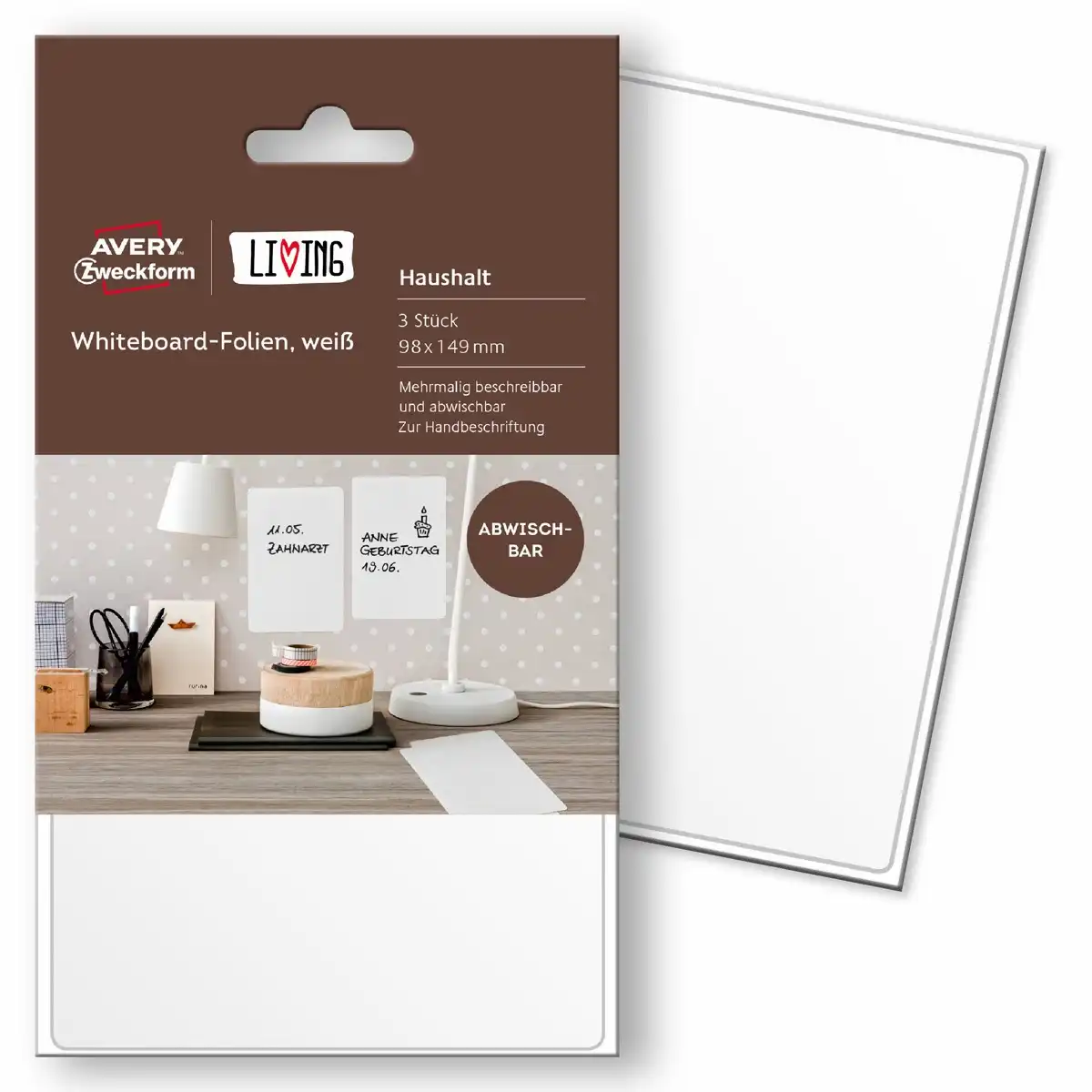 AVERY Zweckform Whiteboard Folien mehrmalig beschreibbar weiß 98x149mm 3 Stück