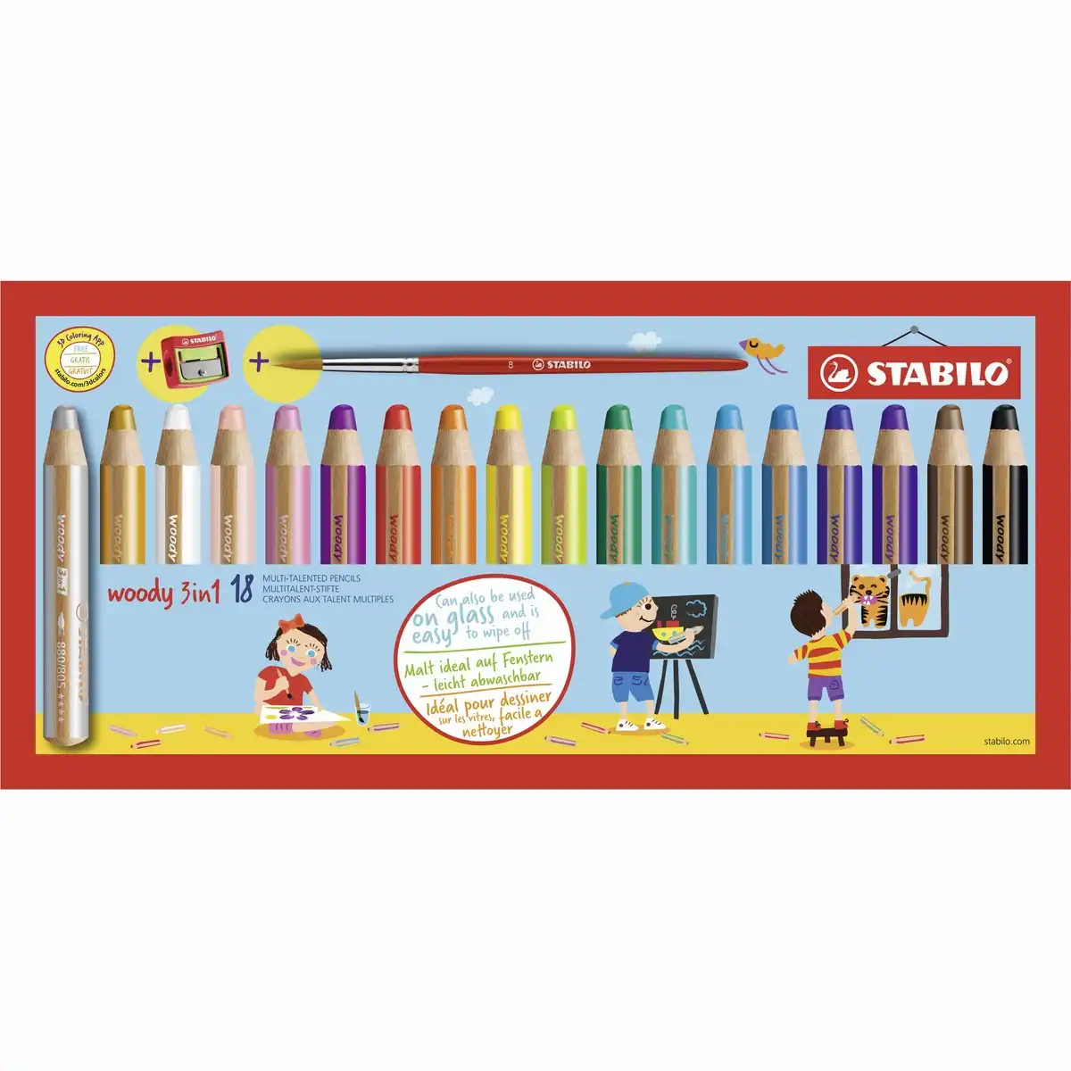 10008675_00 STABILO Buntstifte woody 3in1 mit Spitzer und Pinsel 10cm 18 Stück Kartonetui