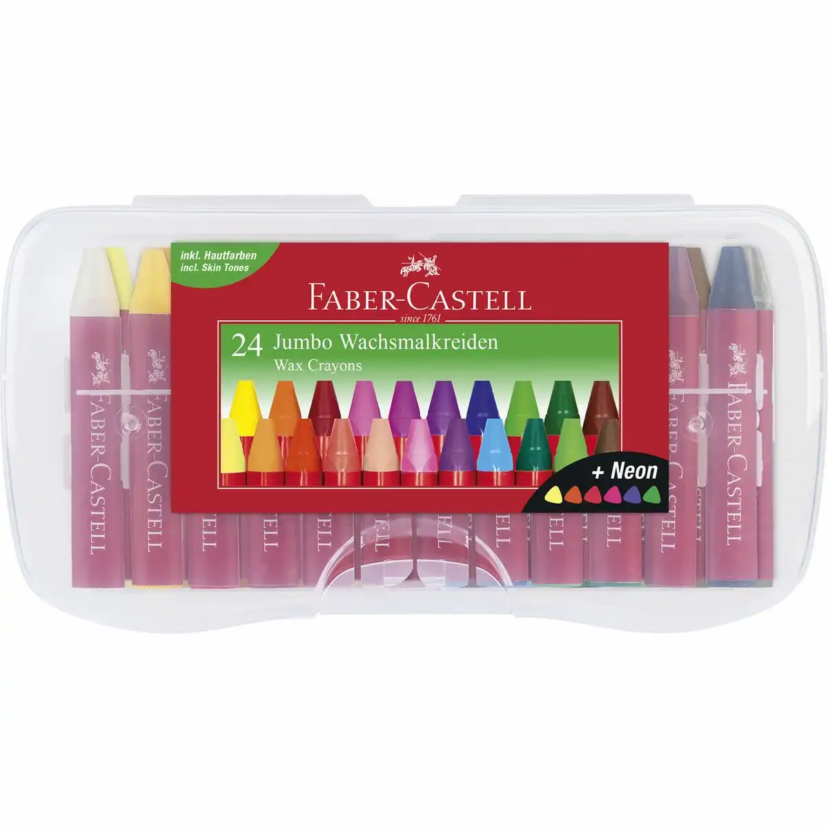 FABER-CASTELL Wachsmalkreiden Jumbo mit Neonfarben 24 Stück Kunststoffbox