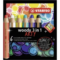 STABILO Buntstifte woody 3in1 ARTY mit Spitzer 10cm Kartonetui - 6 Stück