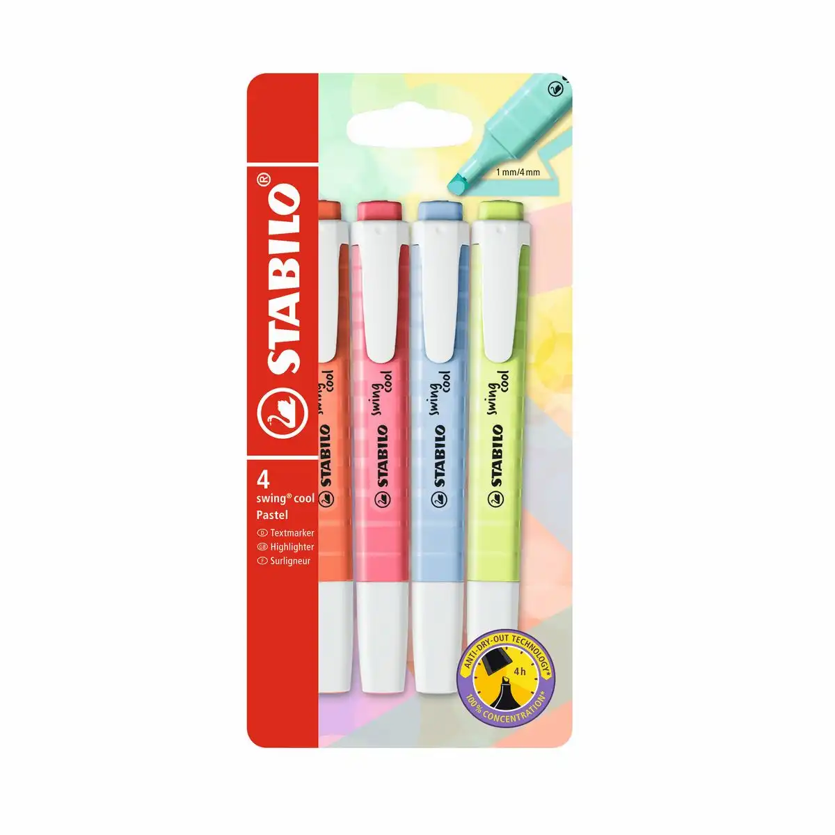 10028623_00 STABILO Textmarker swing cool Standardfarben pastell 4 Stück Kunststoffetui