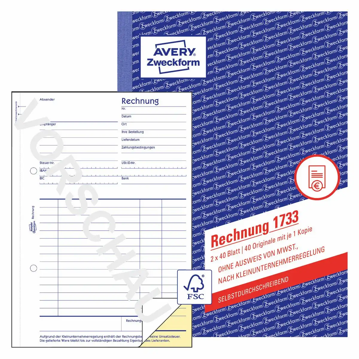 AVERY Zweckform Rechnung Kleinunternehmer selbstdurchschreibend DIN A5 2x40 Blatt
