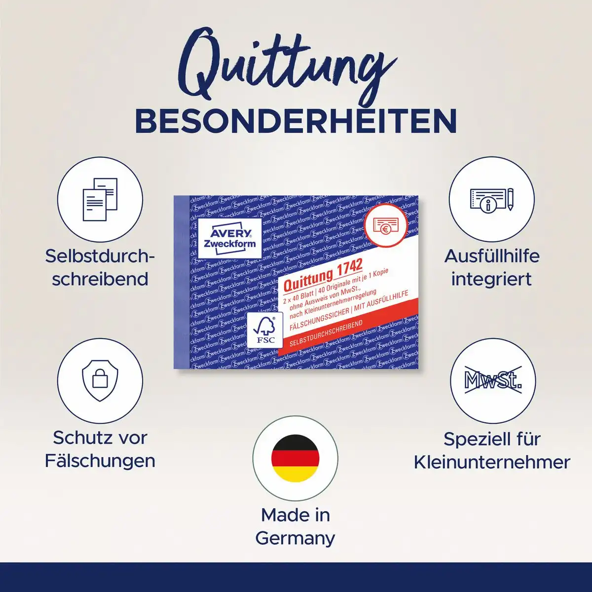 AVERY Zweckform Quittung Kleinunternehmer selbstdurchschreibend DIN A6 quer 2x40 Blatt-6