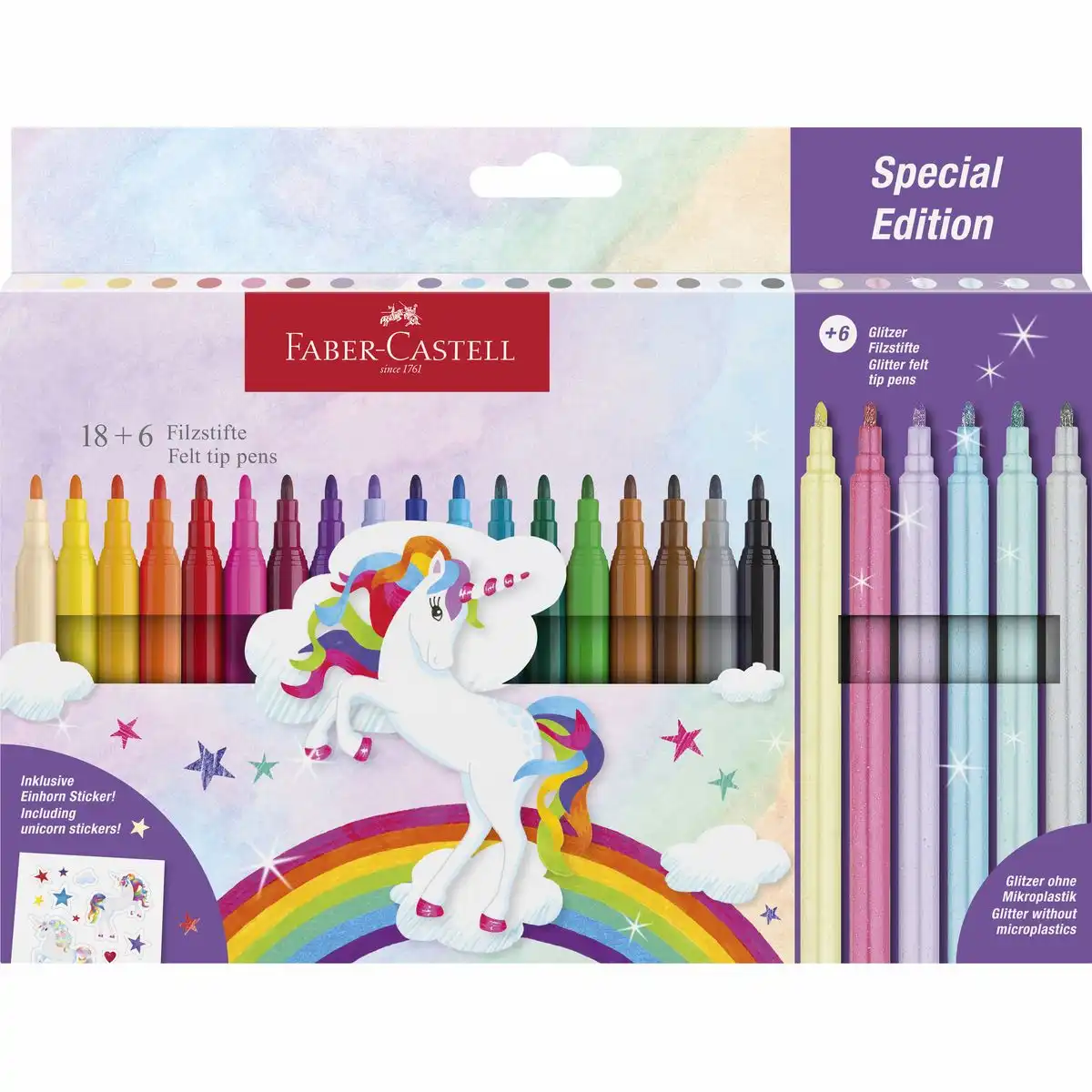 FABER-CASTELL Filzstifte Einhorn mit Sticker 18+6 Stück Kartonetui