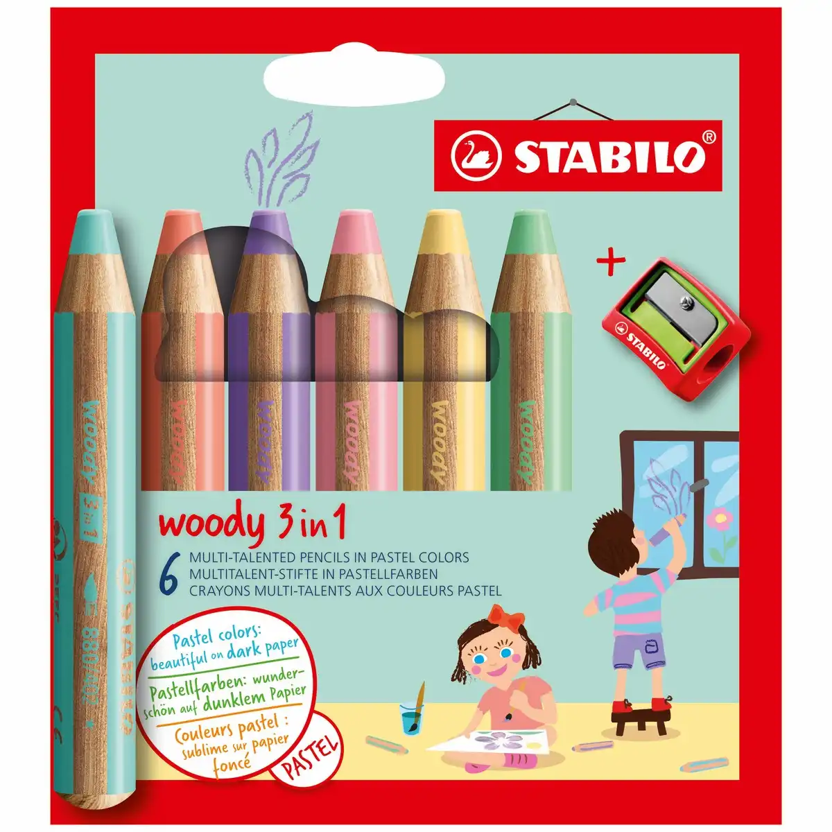10208102_00 STABILO Buntstifte woody 3in1 mit Spitzer Pastellfarben 10cm 6 Stück Kartonetui