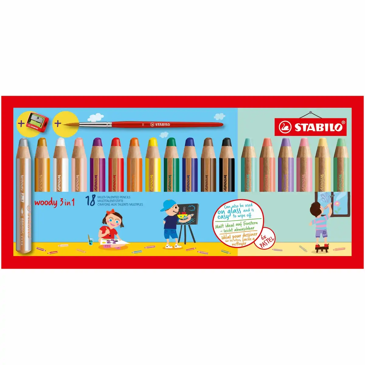 STABILO Buntstifte woody 3in1 Pastellfarben 10cm 18 Stück Kartonetui