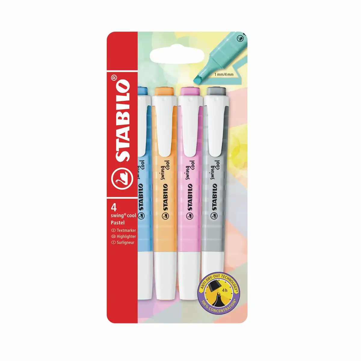 10208163_00 STABILO Textmarker swing cool pastell 4 Stück Kunststoffetui