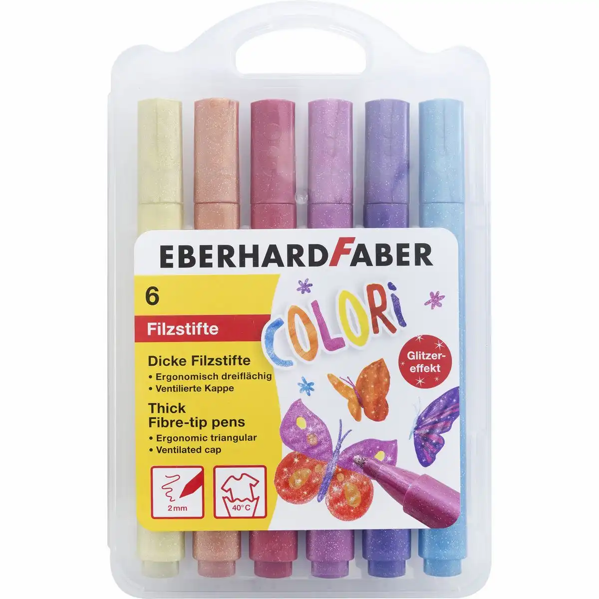 EBERHARD FABER Filzstifte Colori Glitzereffekt dreiflächig dick 6 Stück mehrfarbig Kunststoffbox