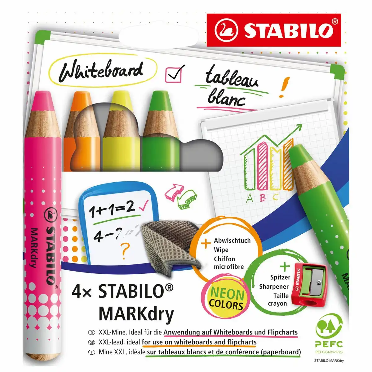 STABILO Trockenmarker Set MARKdry neon 4 Farben 4 Stück Spitzer und Reinigungstuch