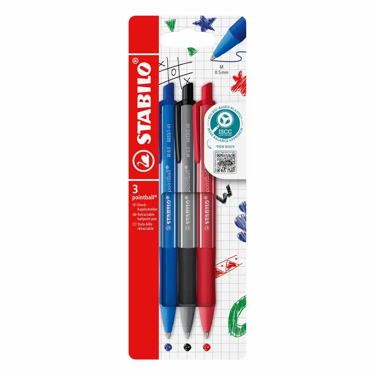 STABILO Kugelschreiber pointball colorful blau/grau/rot 3 Stück 3 Farben Blister Kartonetui