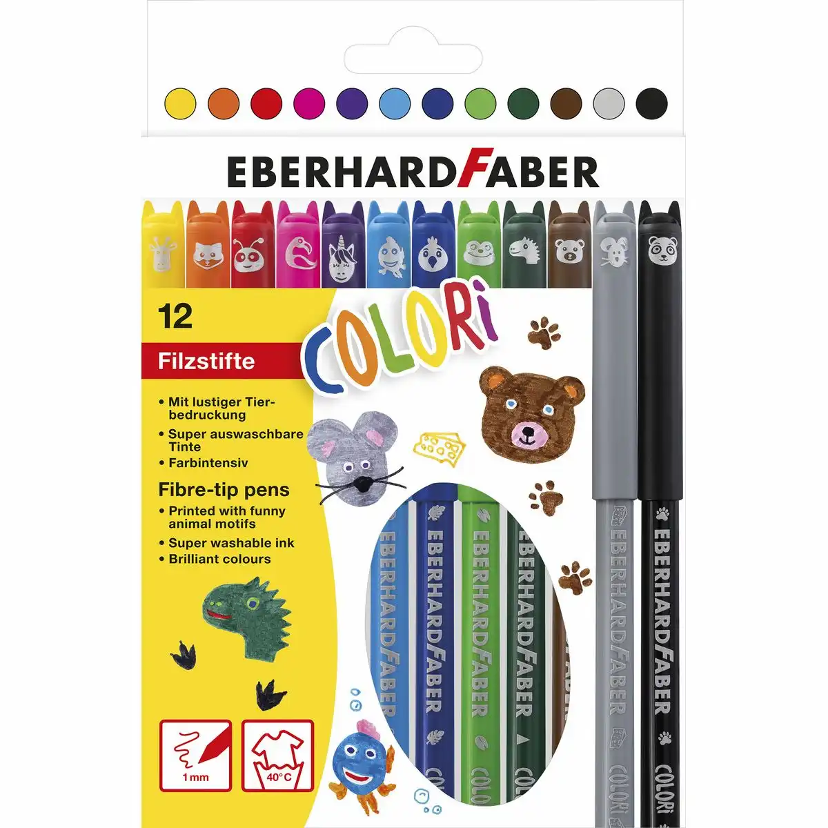 10222986_00 EBERHARD FABER Filzstifte Animal Colori 12 Farben 1 bis 2mm 12 Stück Tiermotive Kartonetui