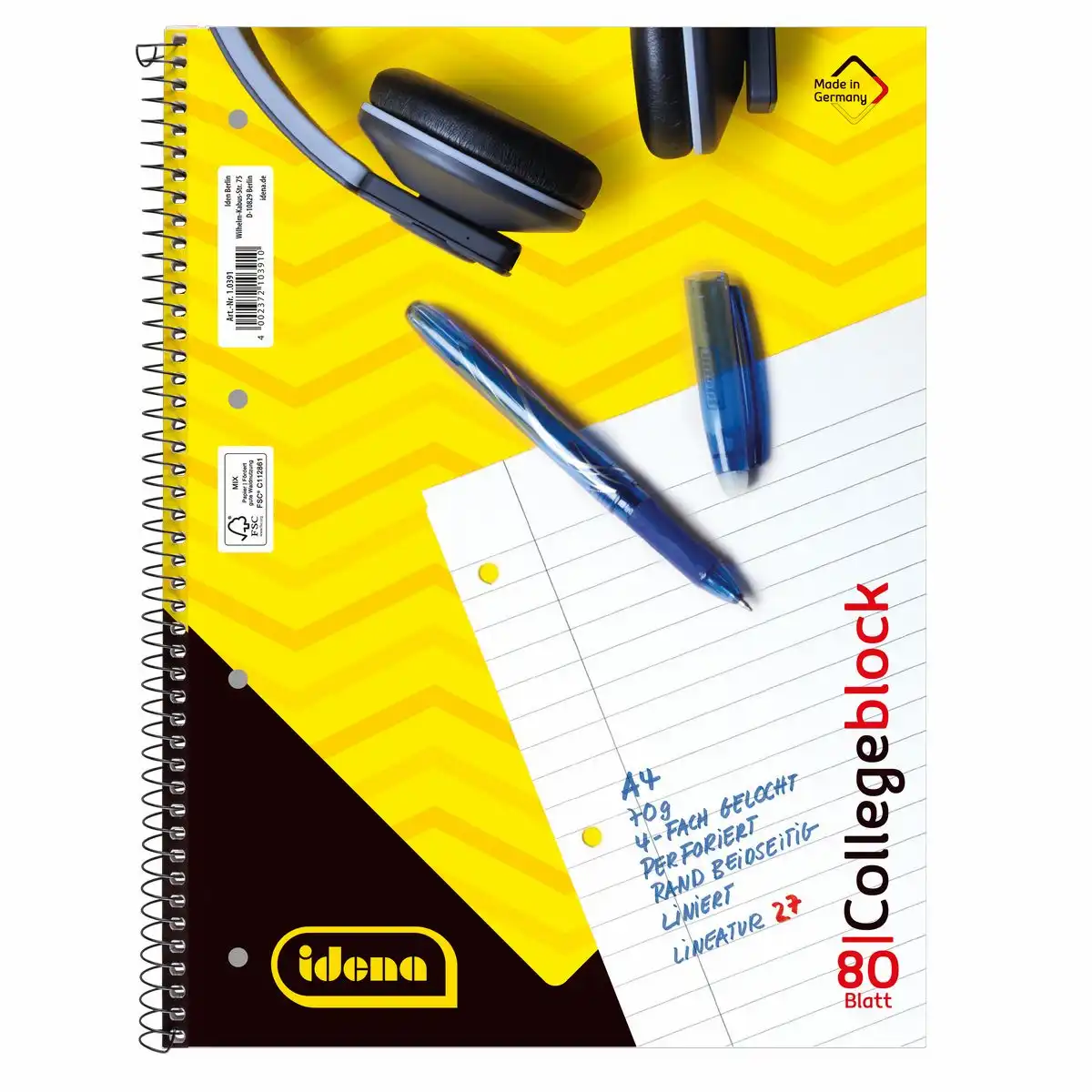 10391_00 Idena Collegeblock Lineatur 27 liniert mit Doppelrand 80 Blatt 70g/m² DIN A4 5er Pack
