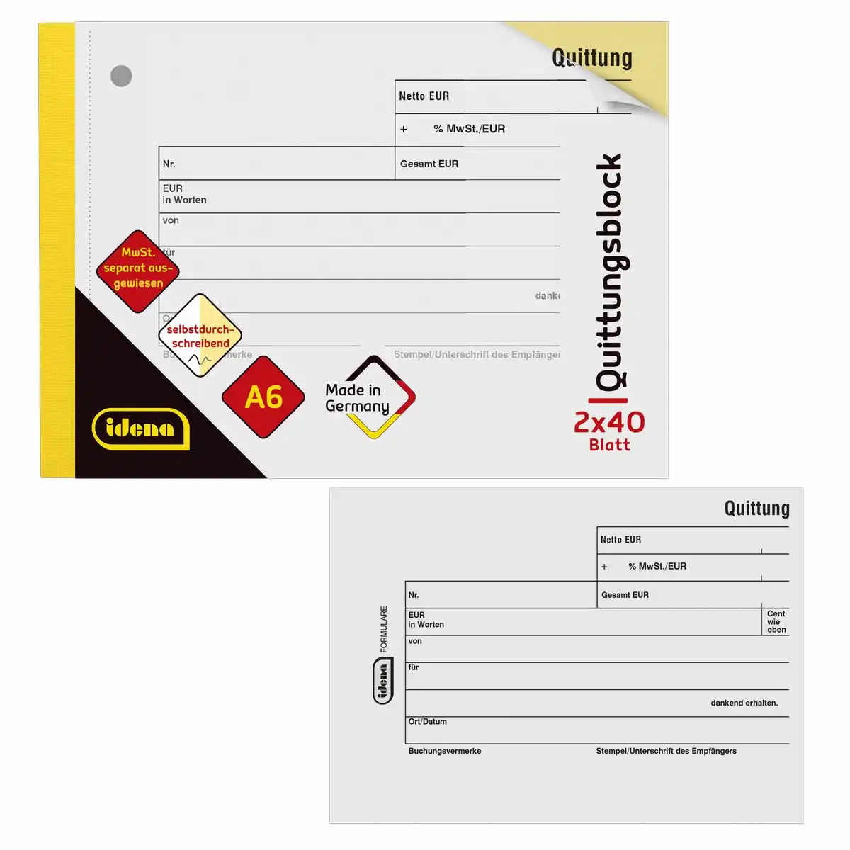 Idena Quittung selbstdurchschreibend MwSt. separat ausgewiesen DIN A6 quer 2x40 Blatt