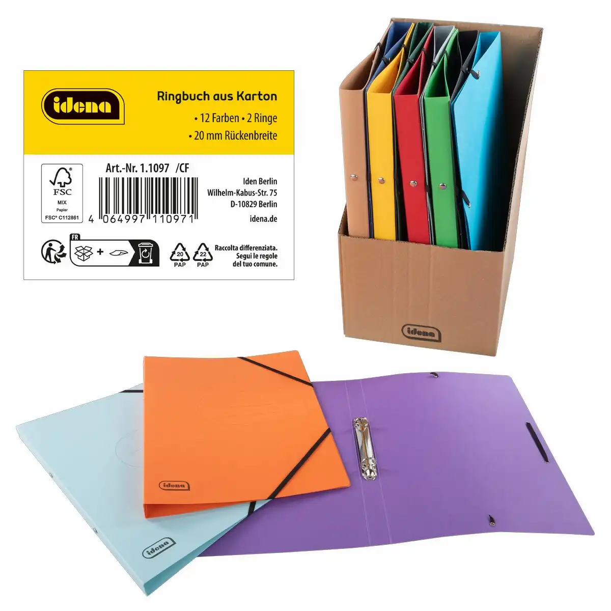 Idena Display Ringbücher 2 Ringe DIN A4 20mm 12 Stück aus Karton inkl. Stehsammler
