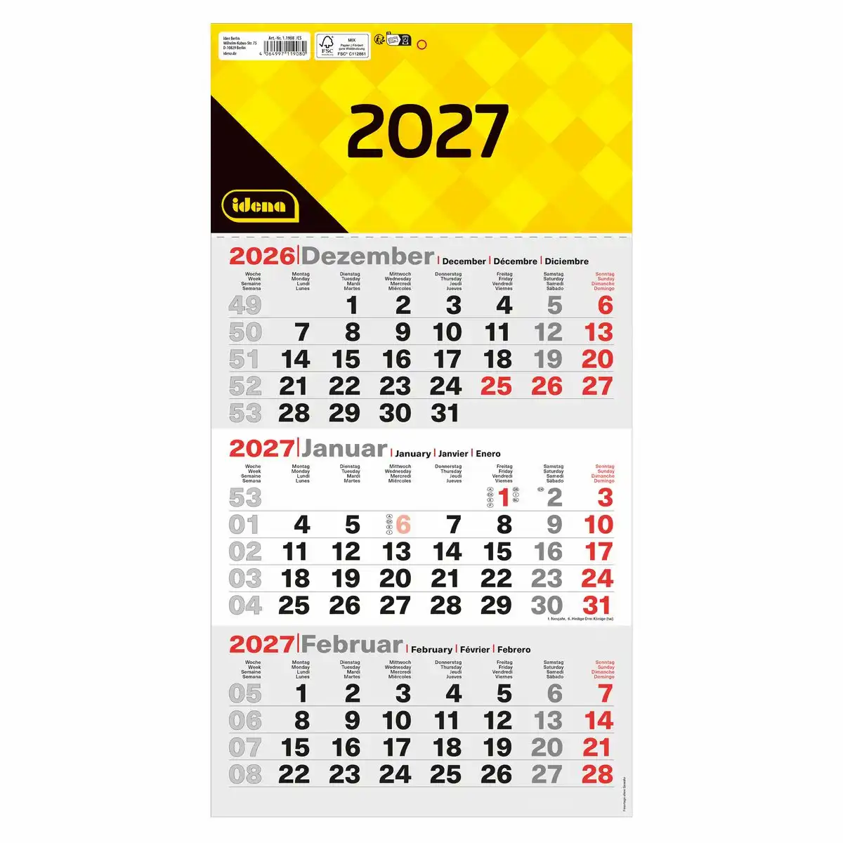 11908_00 Idena 3-Monatskalender 2027 24x45cm