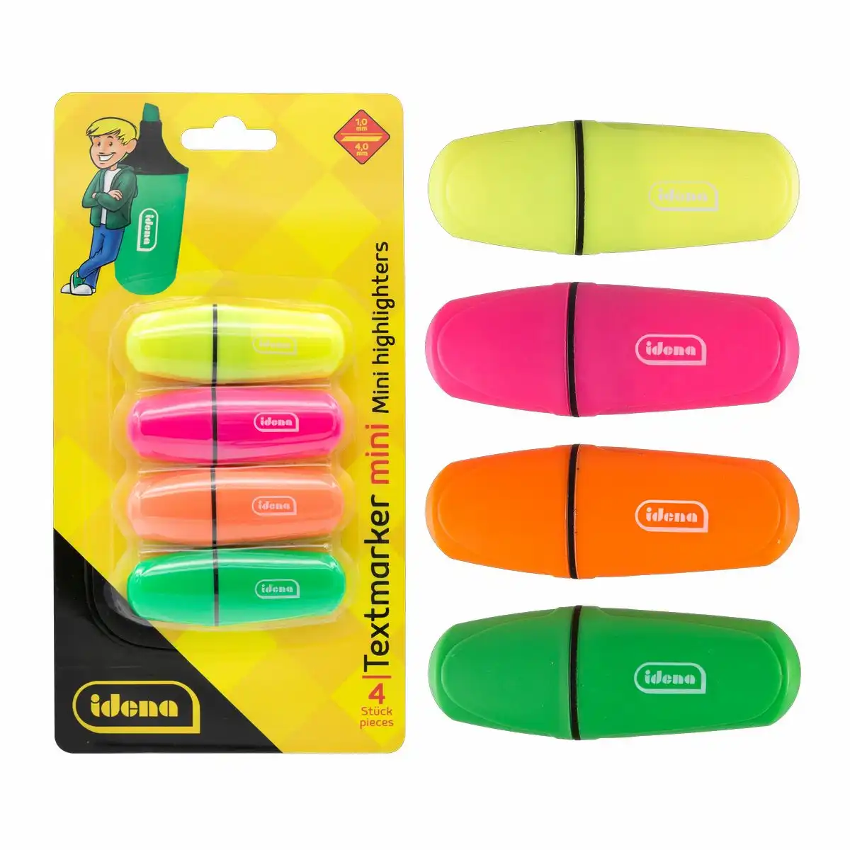 Idena Textmarker 1-4mm Mini leuchtende Farben gelb pink orange grün 4 Stück