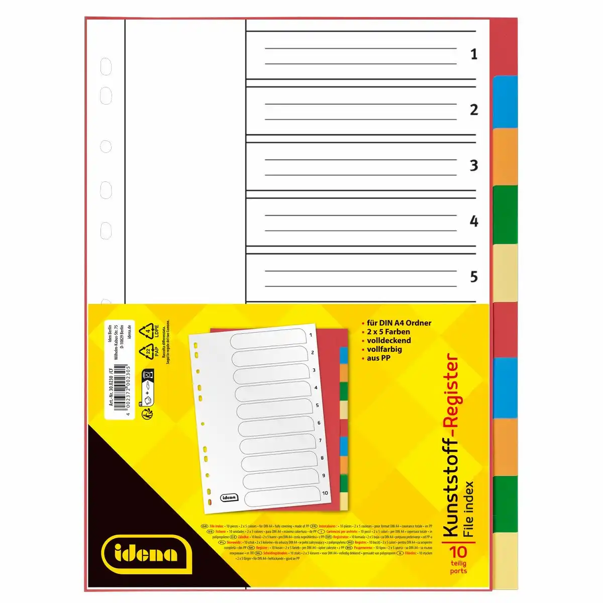 Idena Register aus Kunststoff 120µ 2x5 Farben DIN A4 10-teilig