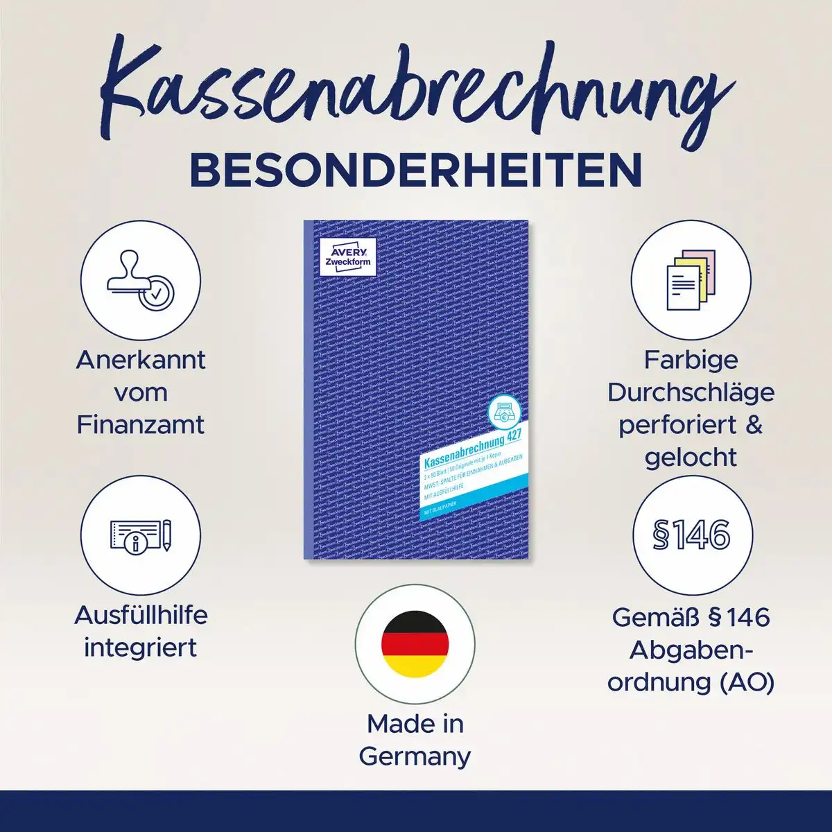 AVERY Zweckform Kassenabrechnung MwSt. Spalte für Einnahmen und Ausgaben Blaupapier DIN A4-6