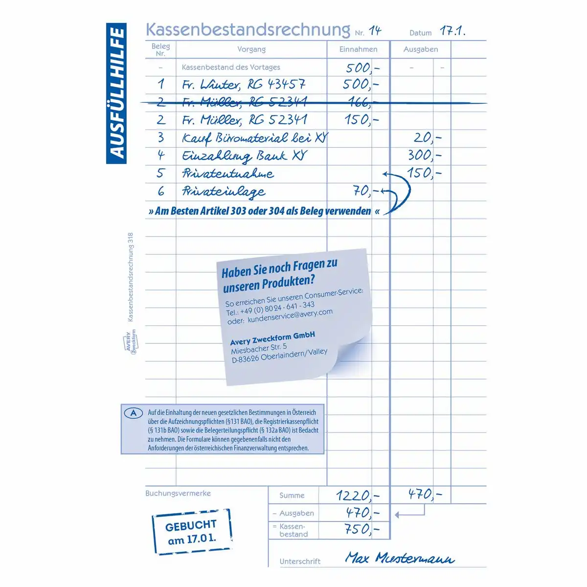 313043_04 AVERY Zweckform Kassenbestandsrechnung 50 Originale DIN A5 50 Blatt-4