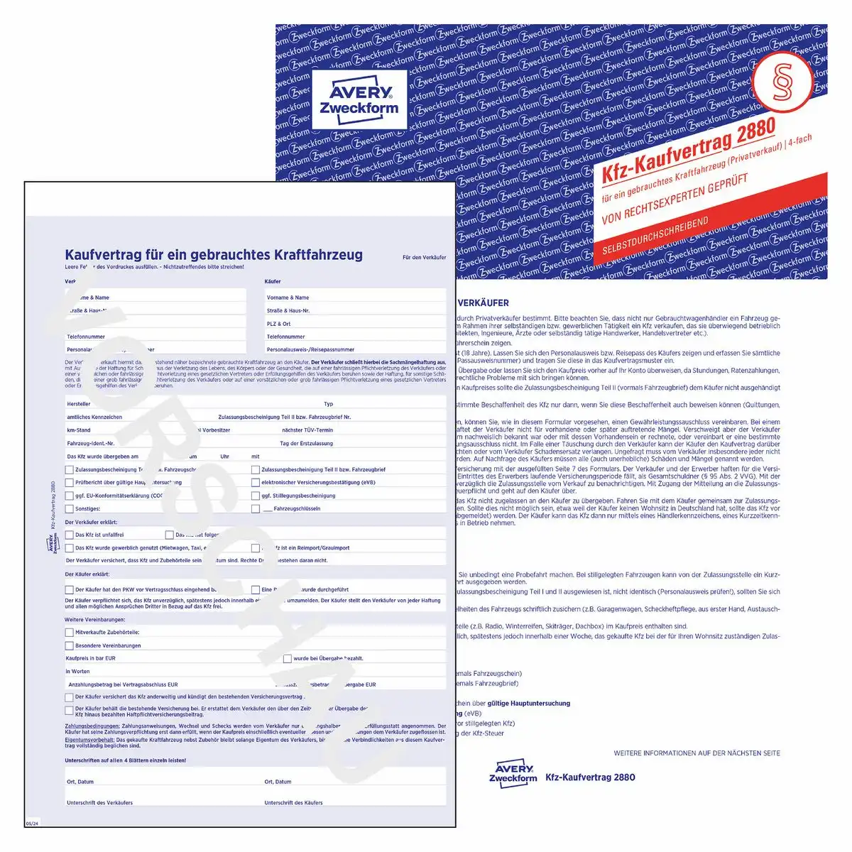 AVERY Zweckform KFZ Kaufvertrag selbstdurchschreibend 4-fach Satz DIN A4 5er Pack