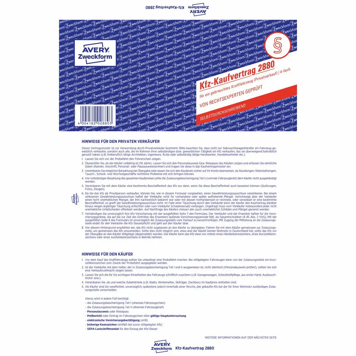 AVERY Zweckform KFZ Kaufvertrag selbstdurchschreibend 4-fach Satz DIN A4 5er Pack-1