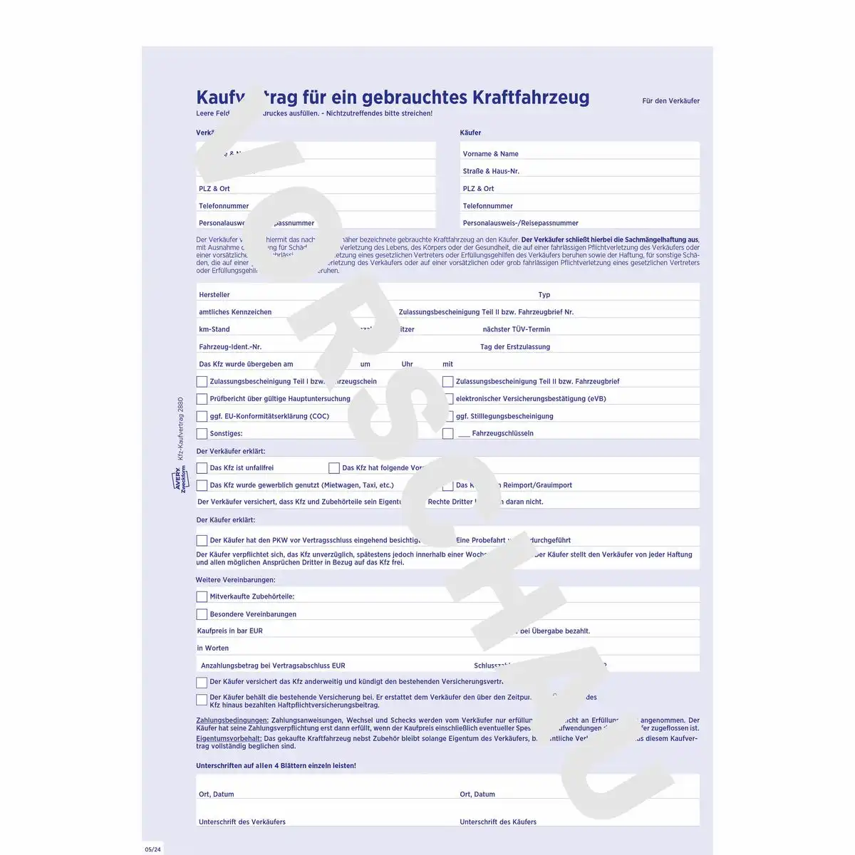 AVERY Zweckform KFZ Kaufvertrag selbstdurchschreibend 4-fach Satz DIN A4 5er Pack-2