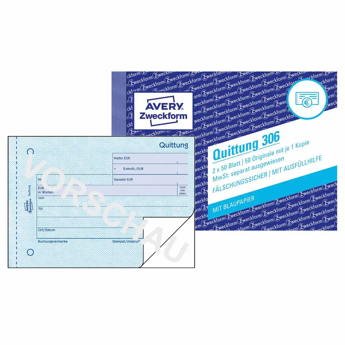 AVERY Zweckform Quittung MwSt. separat ausgewiesen mit Blaupapier DIN A6 quer 2x50 Blatt
