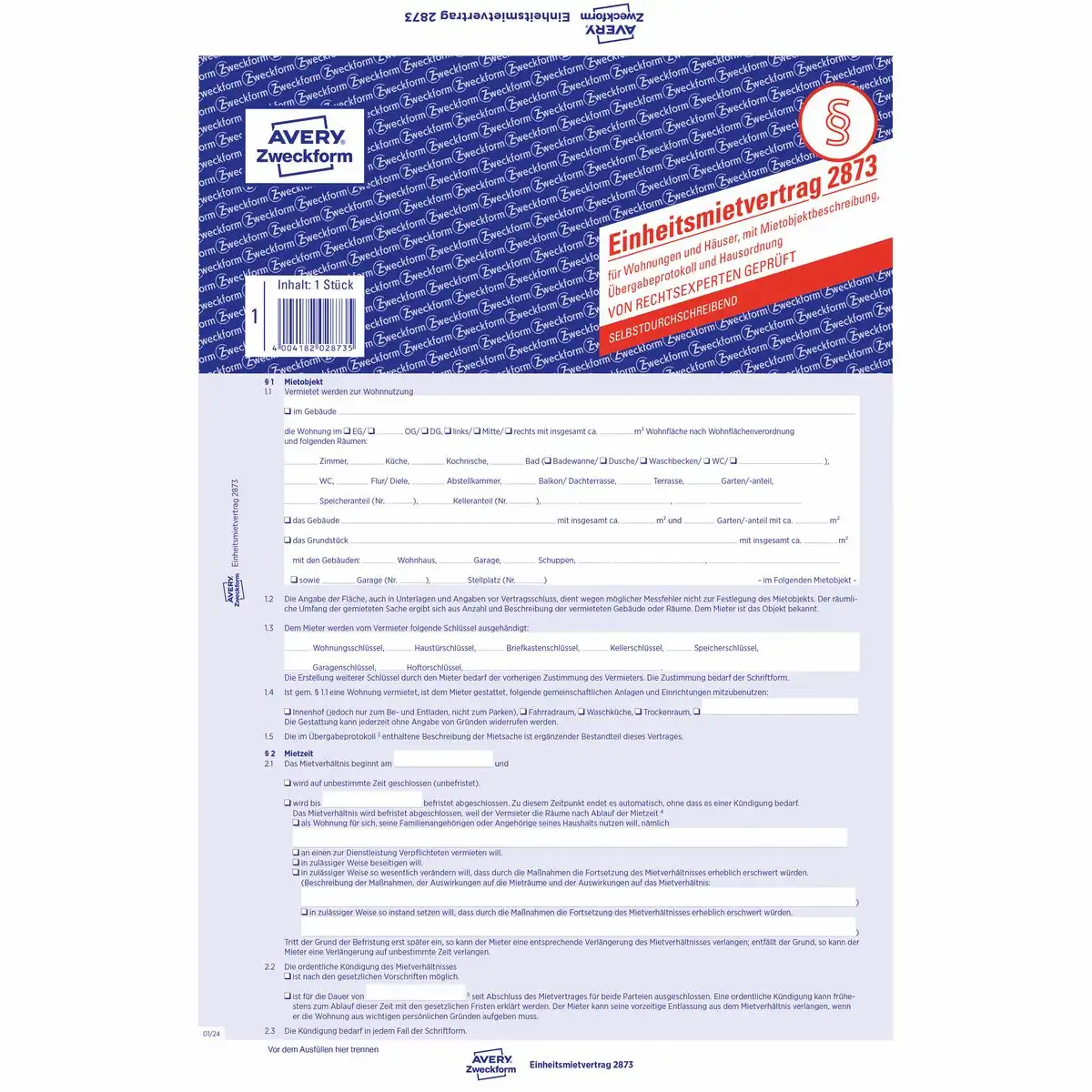 AVERY Zweckform Einheitsmietvertrag mit Übergabeprotokoll und Hausordnung 5 Seiten DIN A4 5er Pack-1