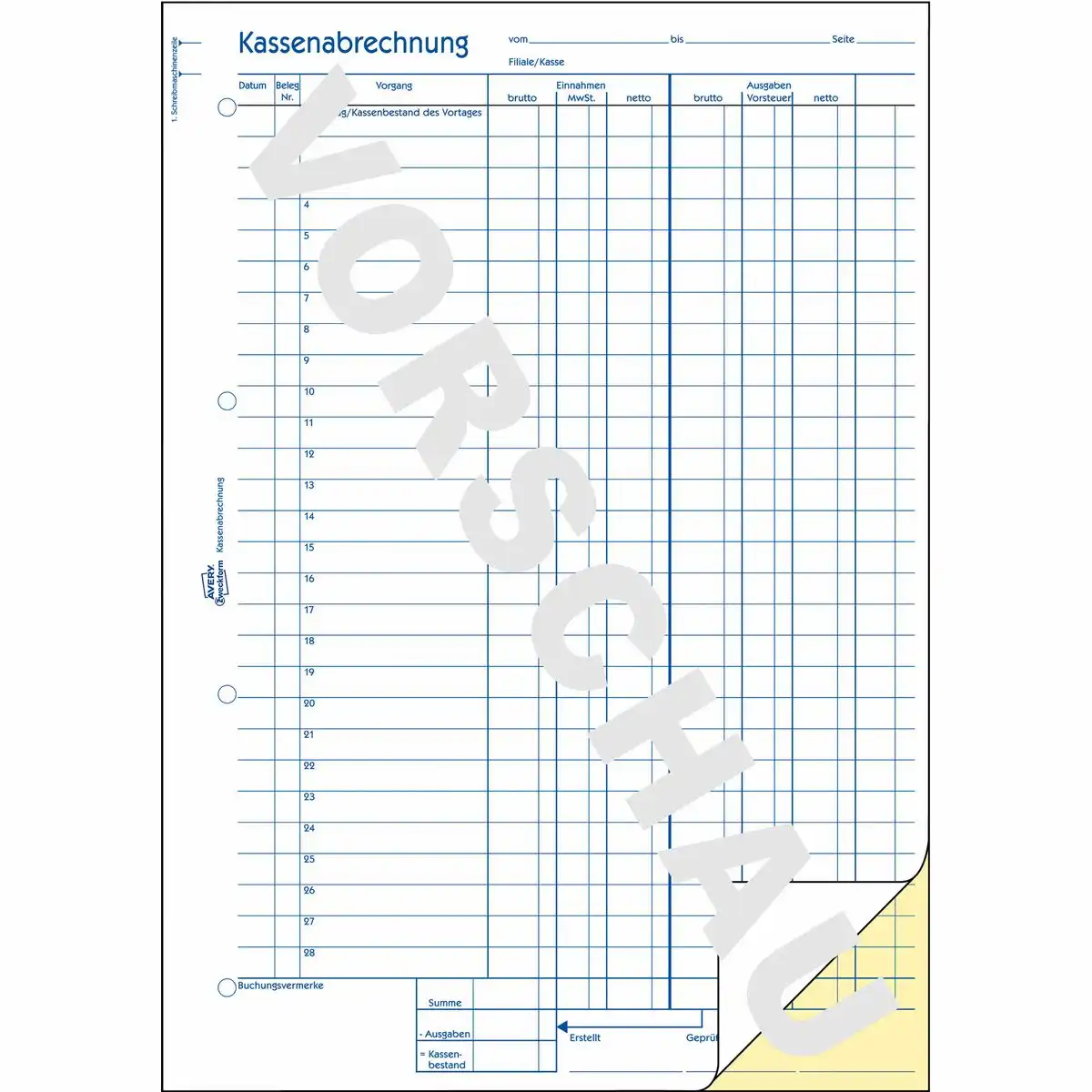 AVERY Zweckform Kassenabrechnung MwSt. Spalte für Einnahmen und Ausgaben DIN A4-2