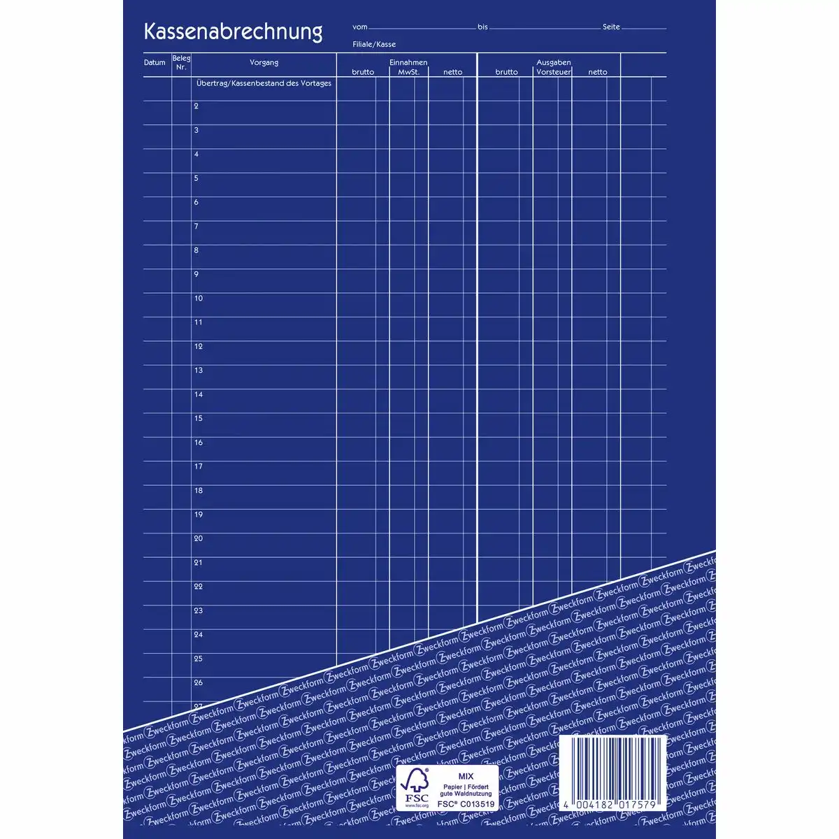 AVERY Zweckform Kassenabrechnung MwSt. Spalte für Einnahmen und Ausgaben DIN A4-3