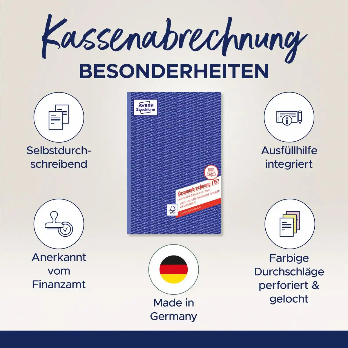 AVERY Zweckform Kassenabrechnung MwSt. Spalte für Einnahmen und Ausgaben DIN A4-6