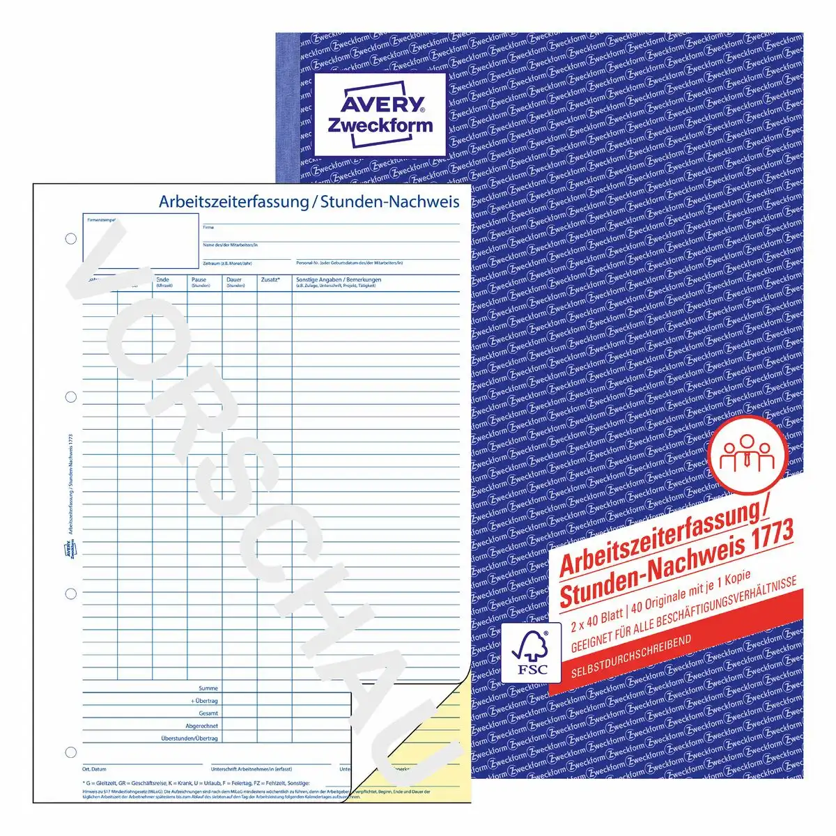 AVERY Zweckform Arbeitszeiterfassung Stundennachweis selbstdurchschreibend DIN A4 2x40 Blatt