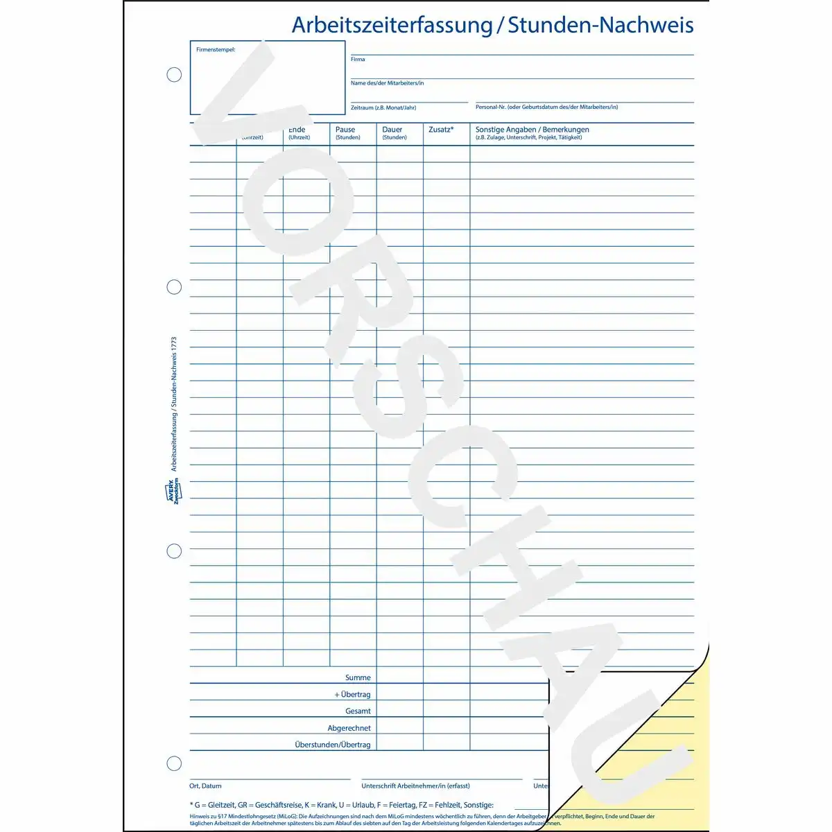 AVERY Zweckform Arbeitszeiterfassung Stundennachweis selbstdurchschreibend DIN A4 2x40 Blatt-2