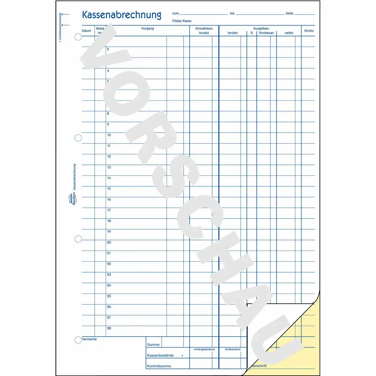 AVERY Zweckform Kassenabrechnung mit MwSt. Spalte für Ausgaben selbstdurchschreibend DIN A4-2
