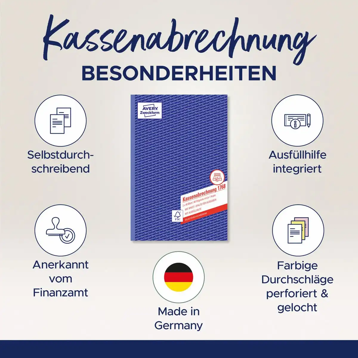 AVERY Zweckform Kassenabrechnung mit MwSt. Spalte für Ausgaben selbstdurchschreibend DIN A4-6