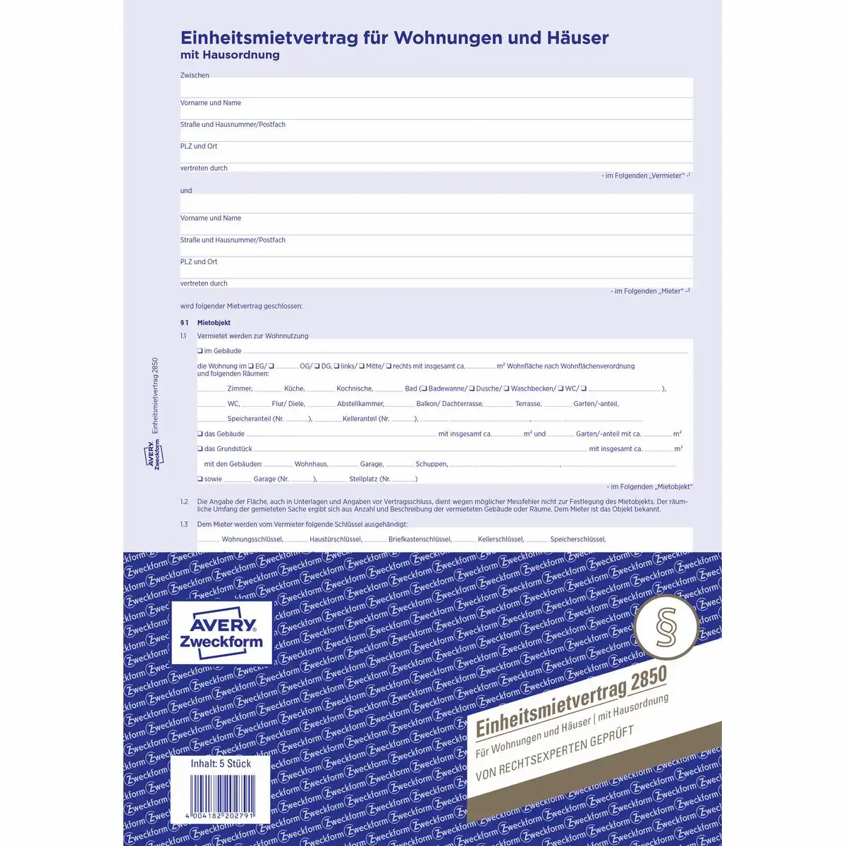 AVERY Zweckform Einheitsmietvertrag für Wohnungen und Häuser mit Hausordnung 6 Seiten DIN A4 5er Pack-1