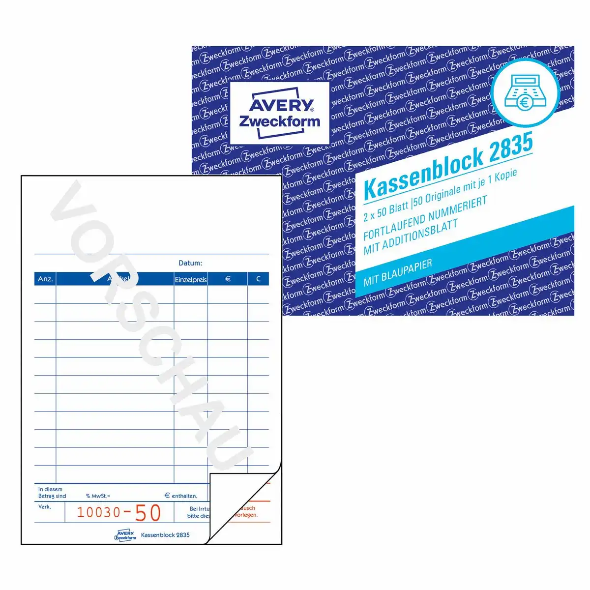 313207_00 AVERY Zweckform Kassenblock fortlaufend nummeriert mit Blaupapier DIN A6 100 Blatt 10er Pack
