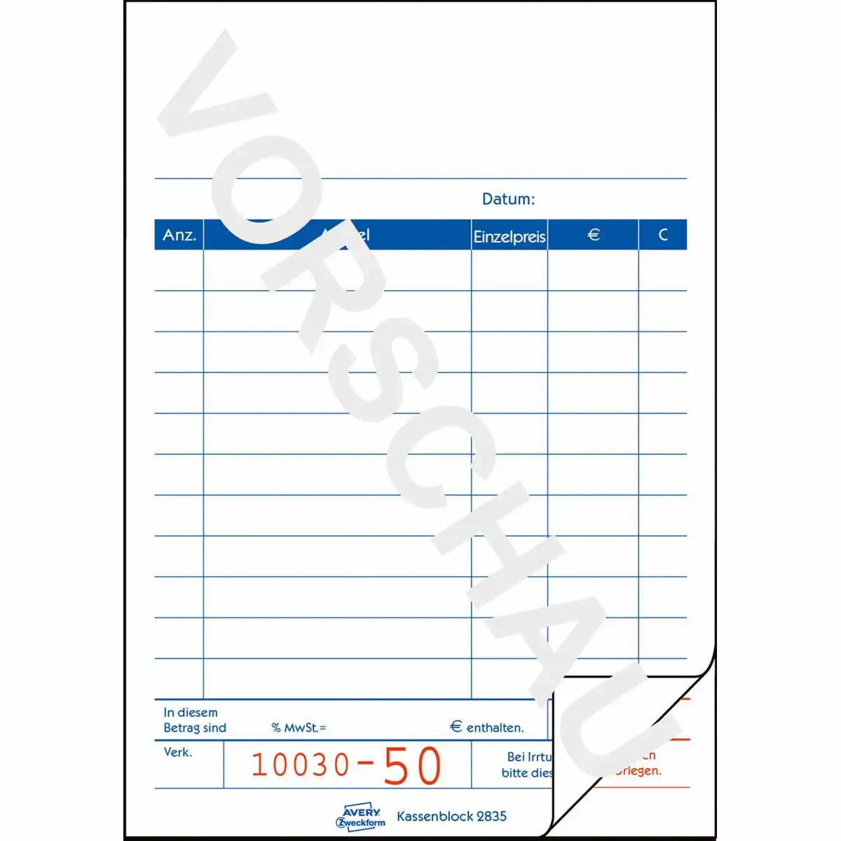 313207_02 AVERY Zweckform Kassenblock fortlaufend nummeriert mit Blaupapier DIN A6 100 Blatt 10er Pack-2