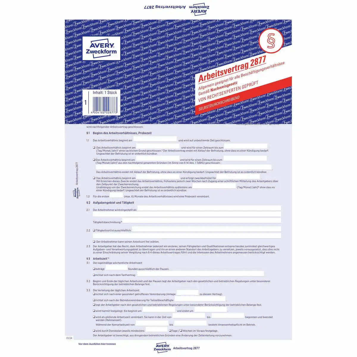 313314_01 AVERY Zweckform Arbeitsvertrag gewerblich 3 Seiten selbstdurchschreibend DIN A4 5er Pack-1