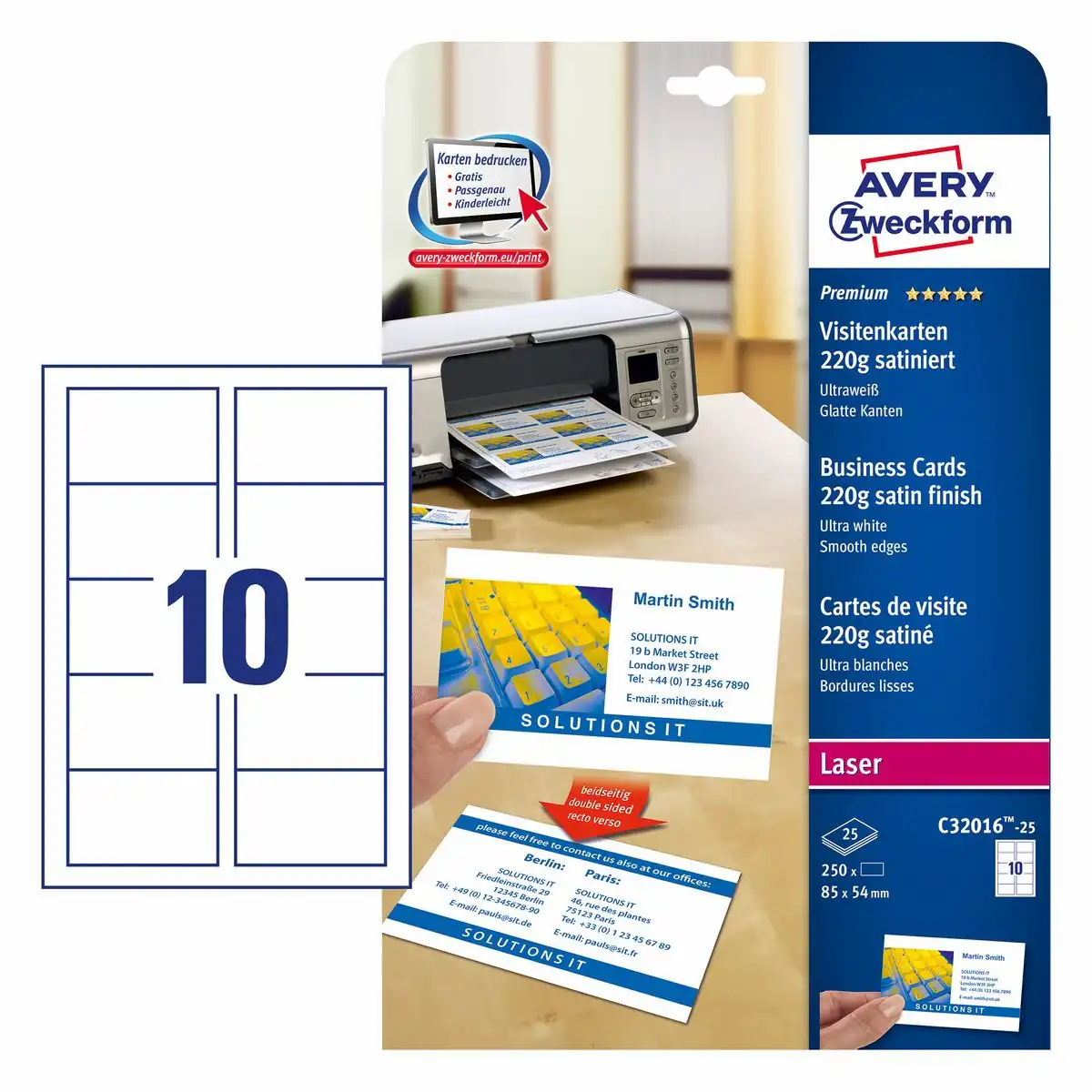 AVERY Zweckform Visitenkarten satiniert 220g/m² ultraweiß 85x54mm 250 Stück
