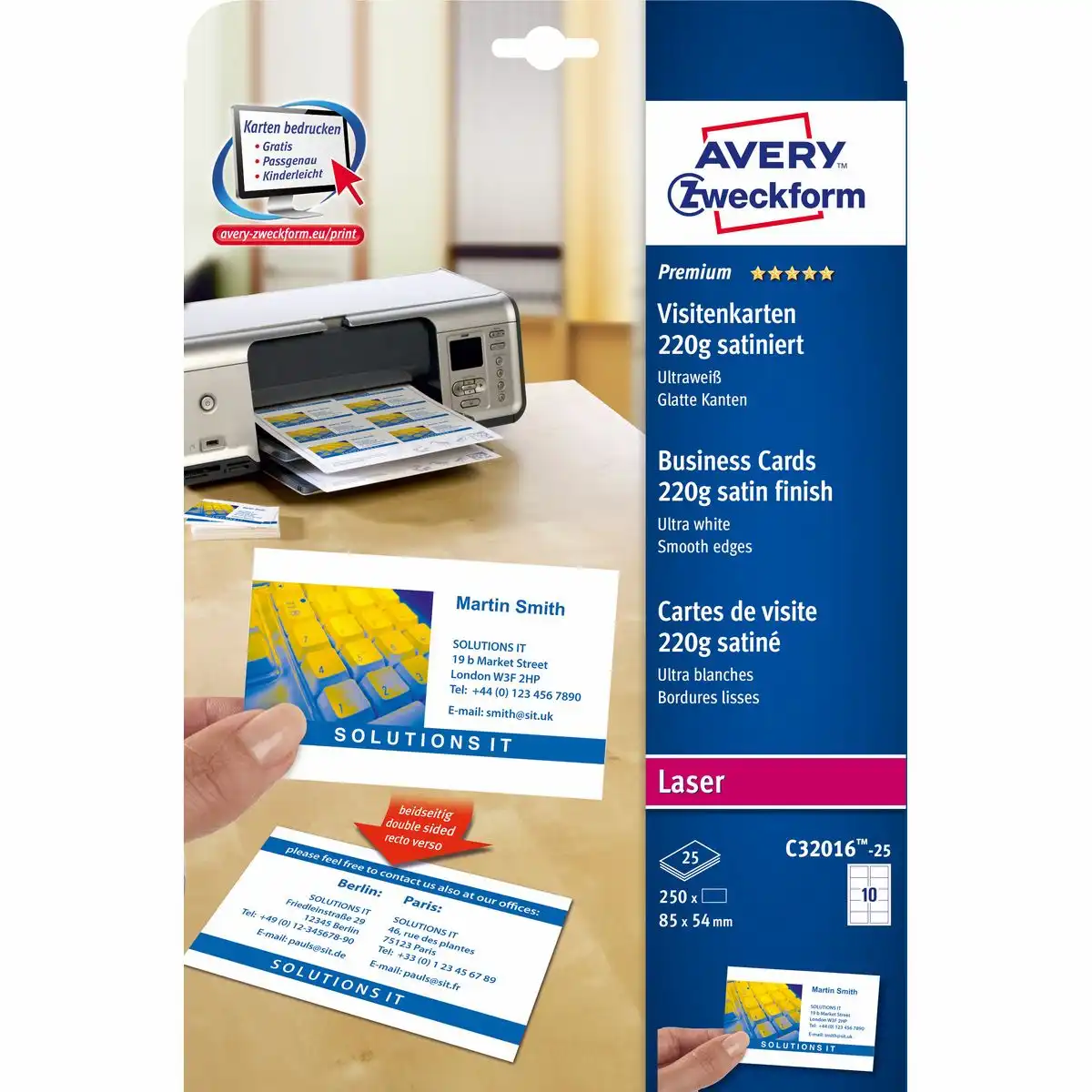 AVERY Zweckform Visitenkarten satiniert 220g/m² ultraweiß 85x54mm 250 Stück-1