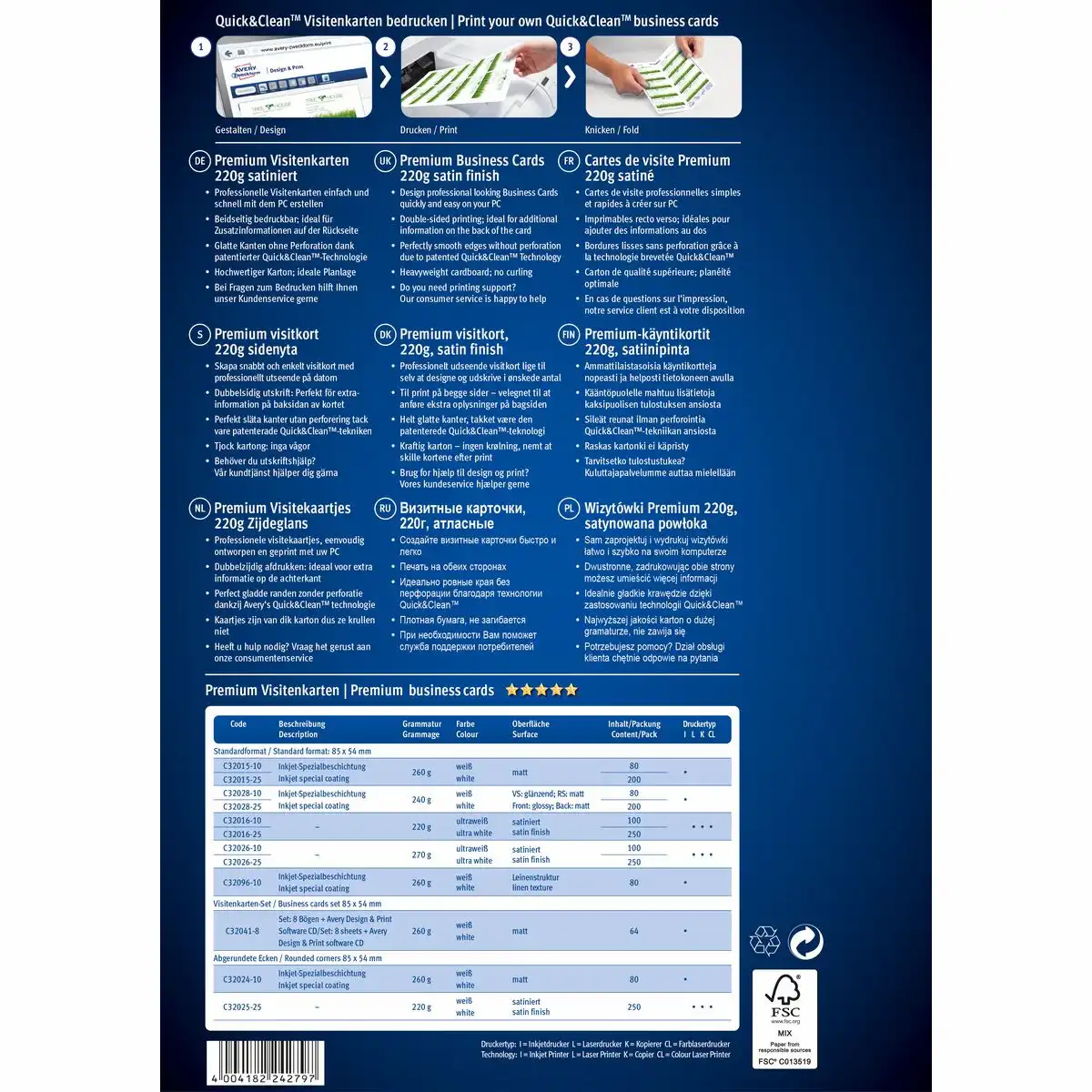 AVERY Zweckform Visitenkarten satiniert 220g/m² ultraweiß 85x54mm 250 Stück-3