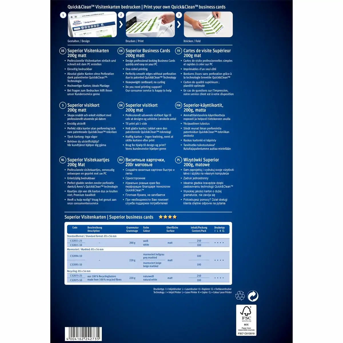 AVERY Zweckform Visitenkarten Superior 200g/m² matt weiß 85x54mm 250 Stück-3