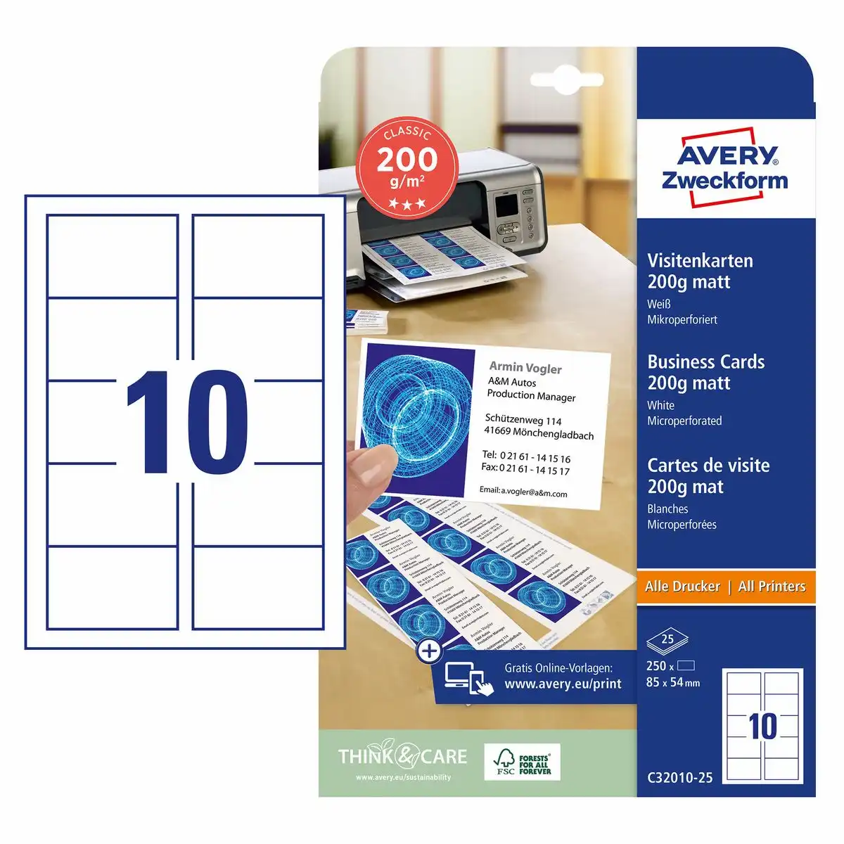 AVERY Zweckform Visitenkarten mikroperforiert 185g/m² matt weiß 85x54mm 250 Stück