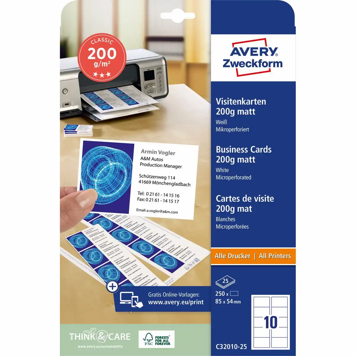 AVERY Zweckform Visitenkarten mikroperforiert 185g/m² matt weiß 85x54mm 250 Stück-1