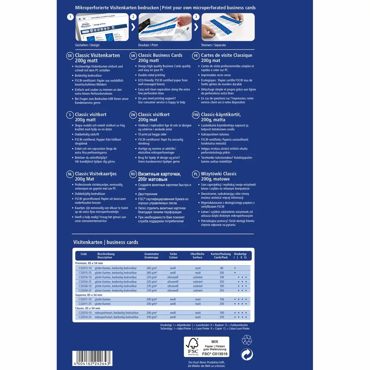AVERY Zweckform Visitenkarten mikroperforiert 185g/m² matt weiß 85x54mm 250 Stück-3