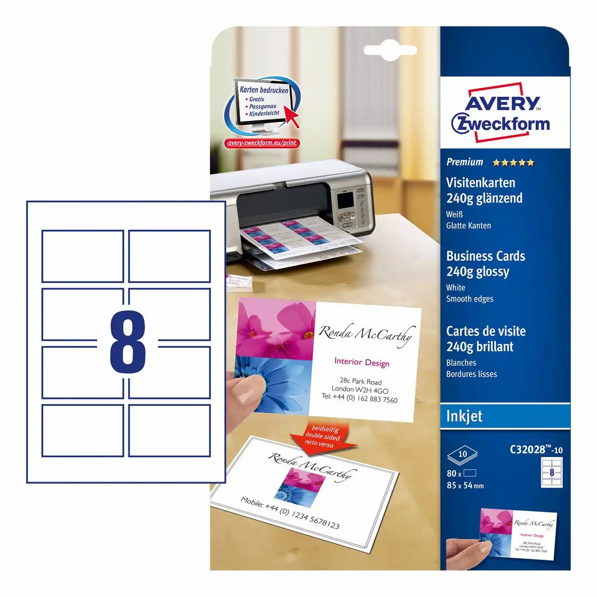 AVERY Zweckform Visitenkarten Inkjet 240g/m² glänzend weiß 85x54mm 80 Stück