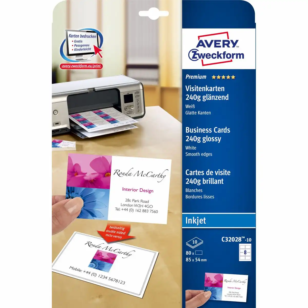 AVERY Zweckform Visitenkarten Inkjet 240g/m² glänzend weiß 85x54mm 80 Stück-1